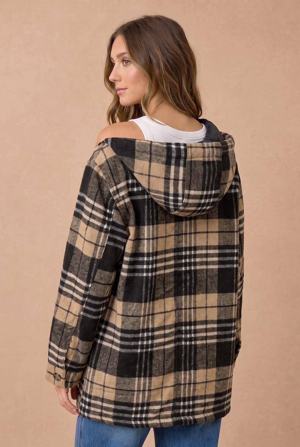 Long Sleeve Plaid Button Up Hooded Jacket
