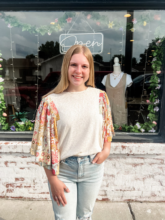 Floral Print Ruffle Flutter Top