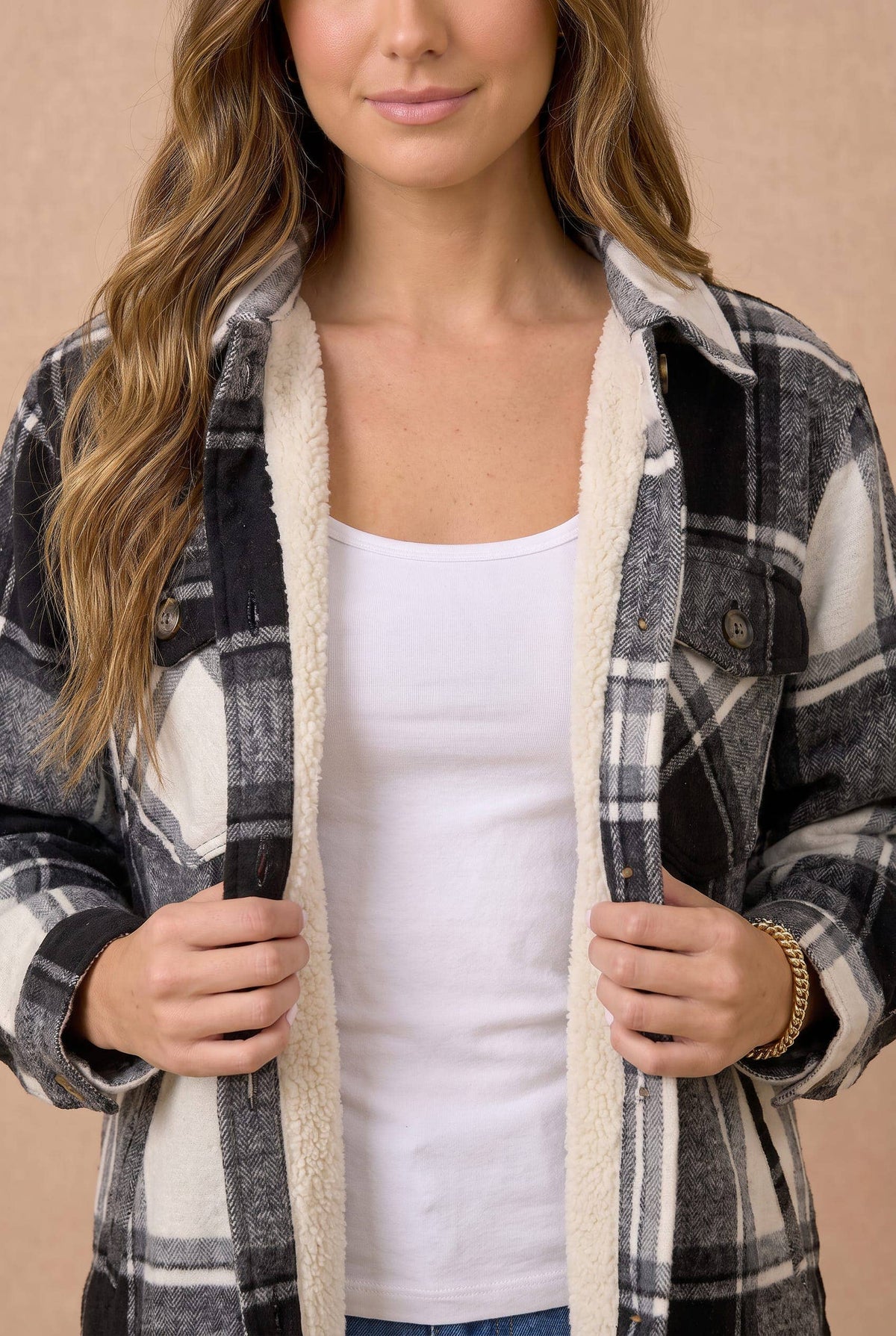 Collared Long Sleeve Plaid Button Up Jacket