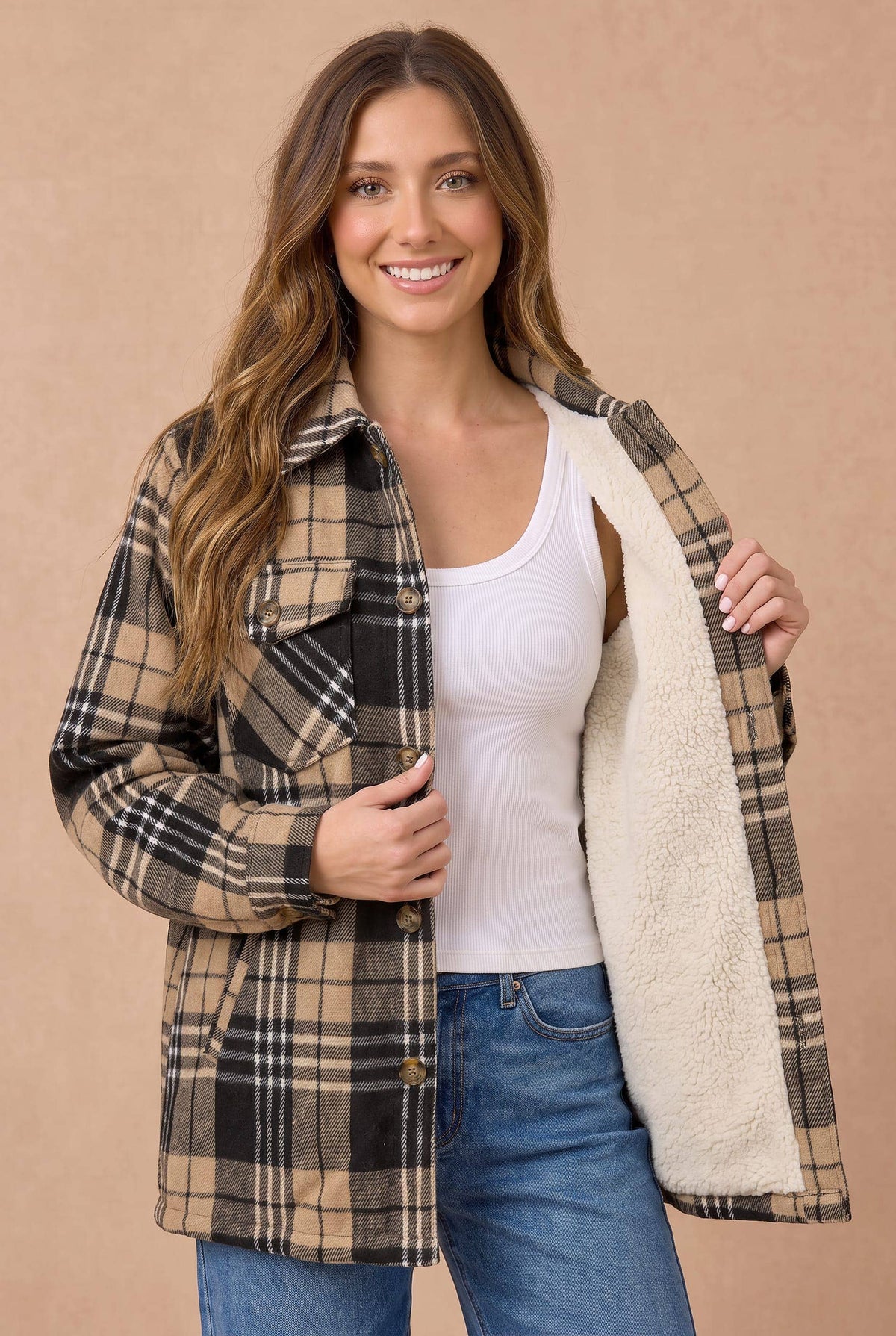 Collared Long Sleeve Plaid Button Up Jacket