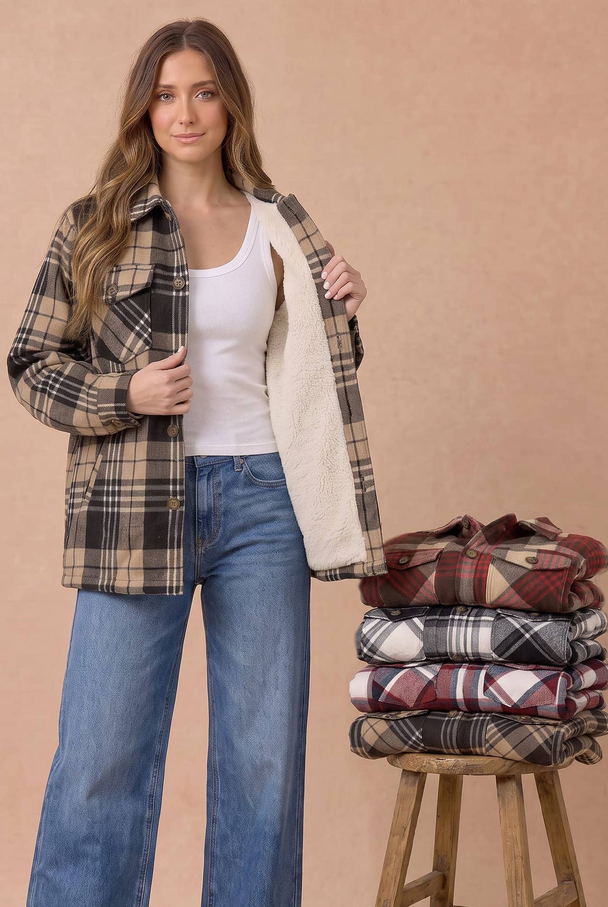 Collared Long Sleeve Plaid Button Up Jacket