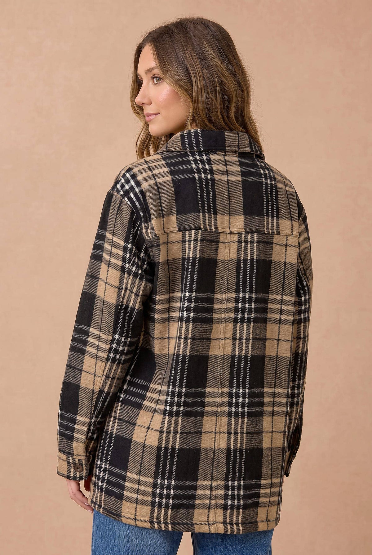 Collared Long Sleeve Plaid Button Up Jacket