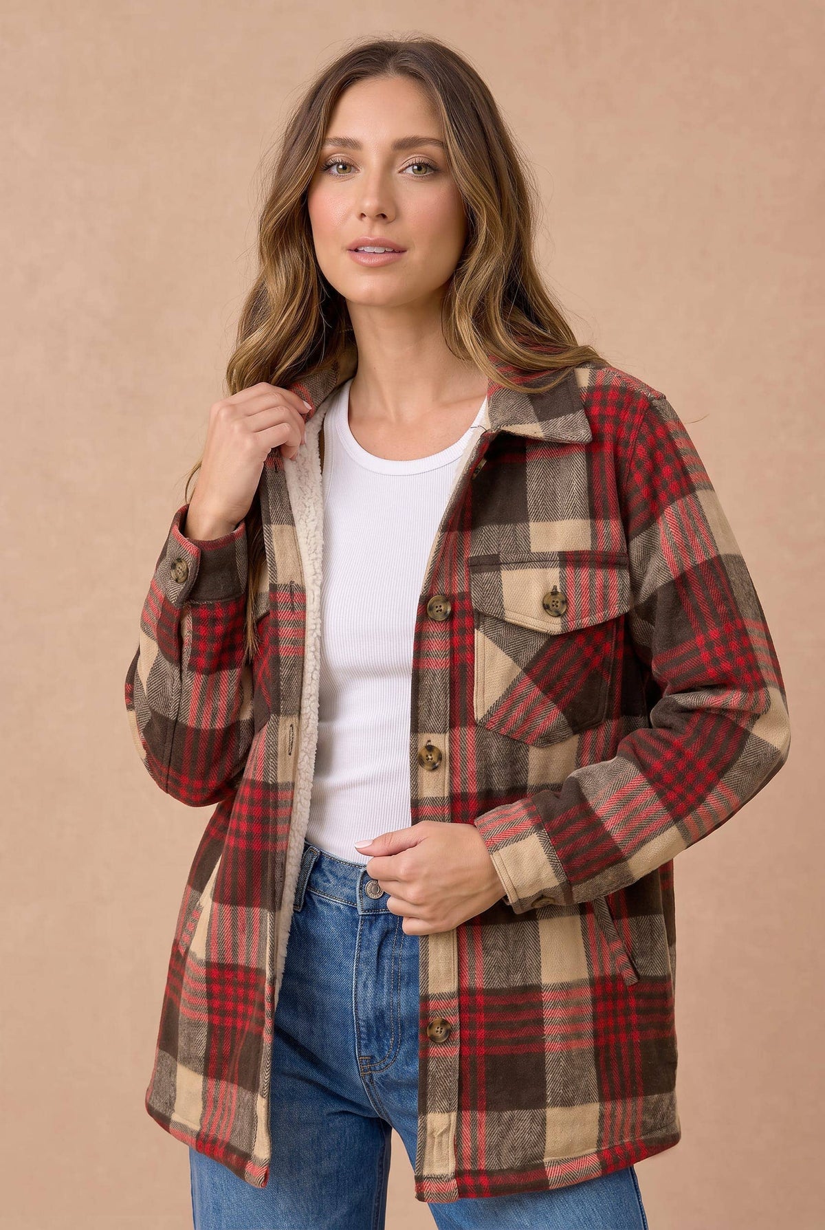 Collared Long Sleeve Plaid Button Up Jacket