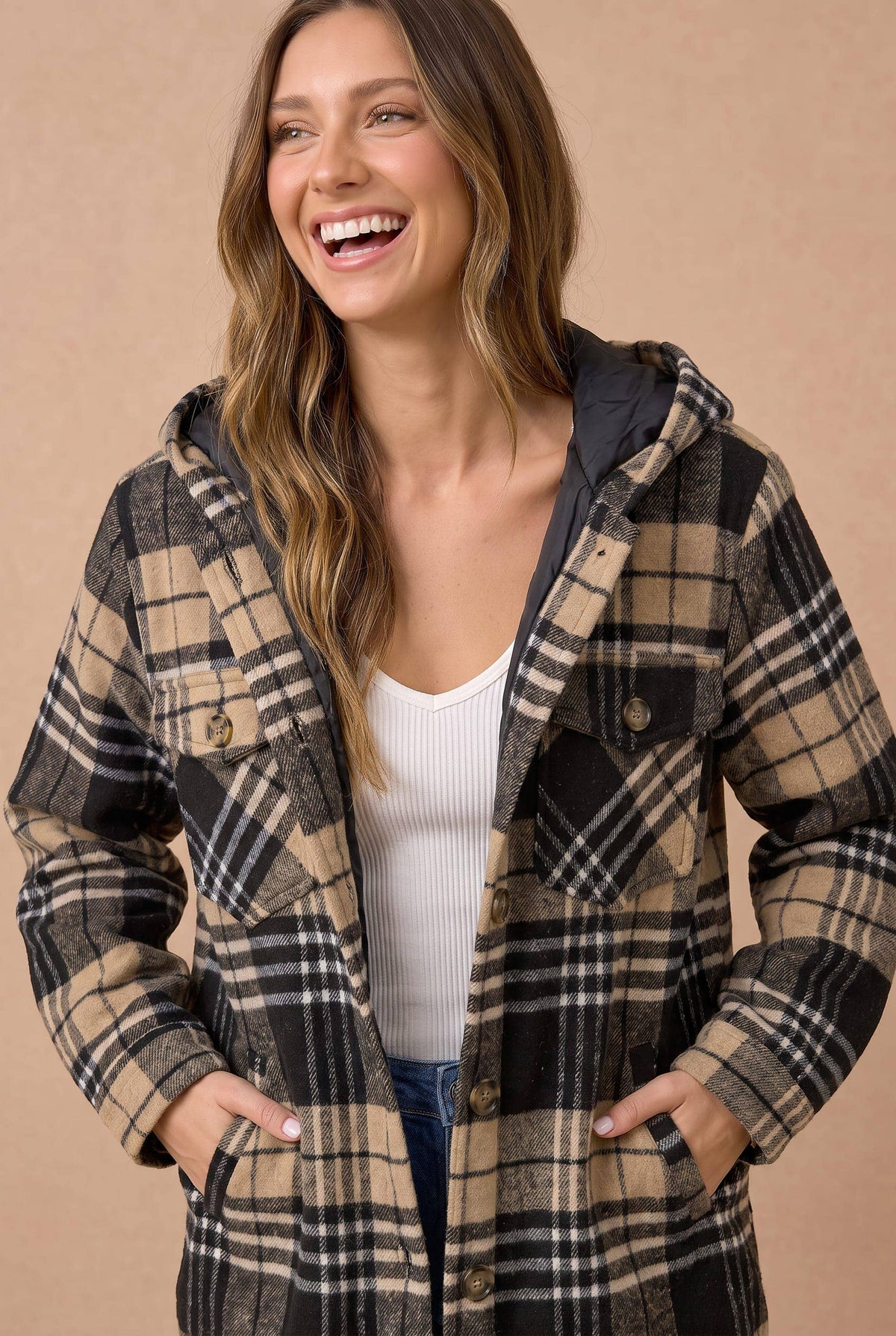 Long Sleeve Plaid Button Up Hooded Jacket
