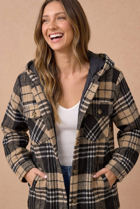 Long Sleeve Plaid Button Up Hooded Jacket