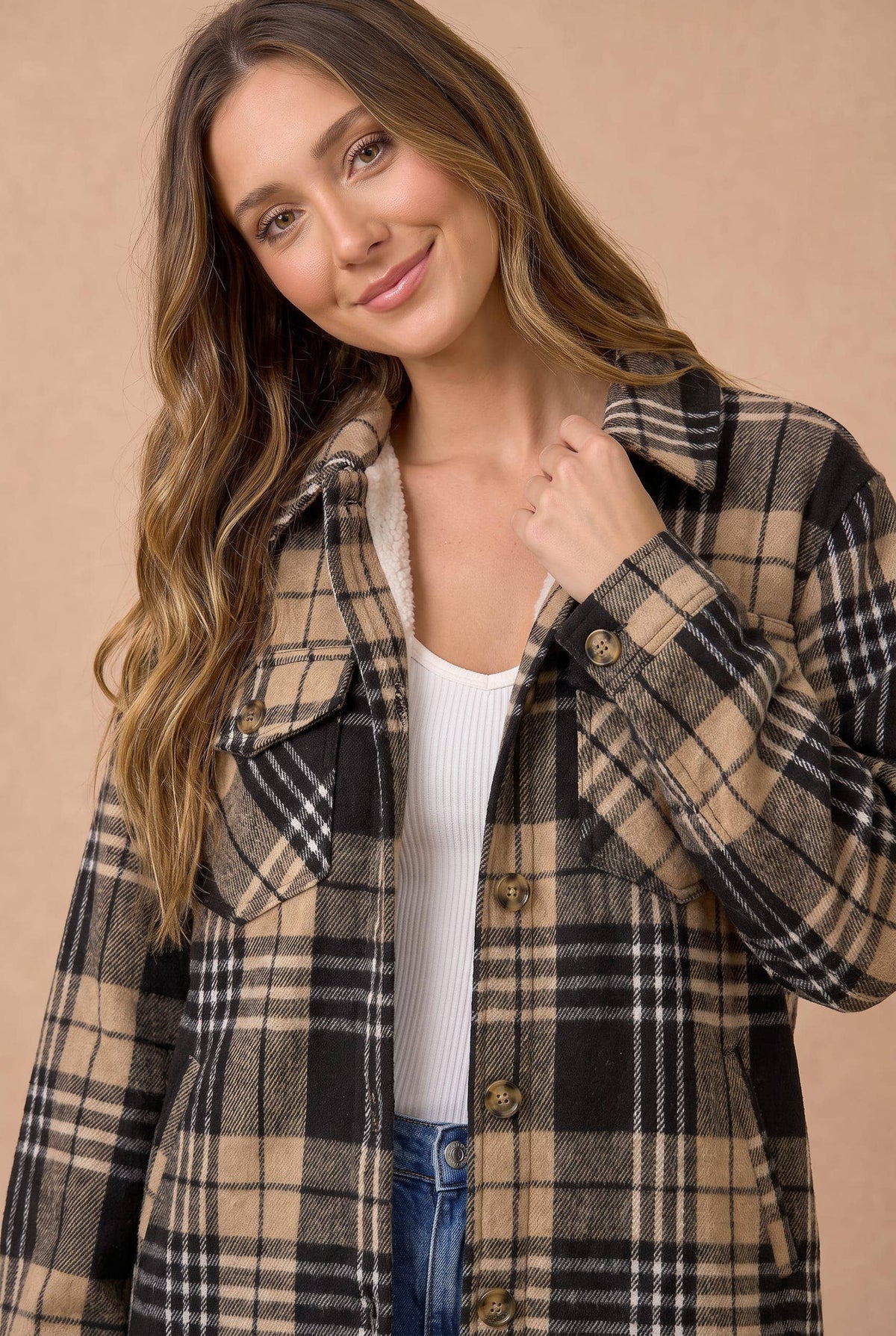 Collared Long Sleeve Plaid Button Up Jacket