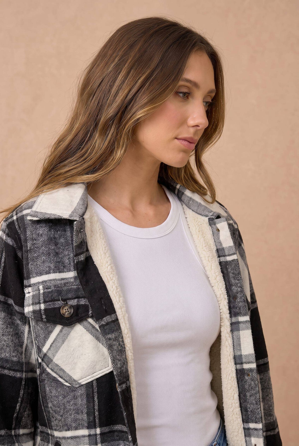 Collared Long Sleeve Plaid Button Up Jacket
