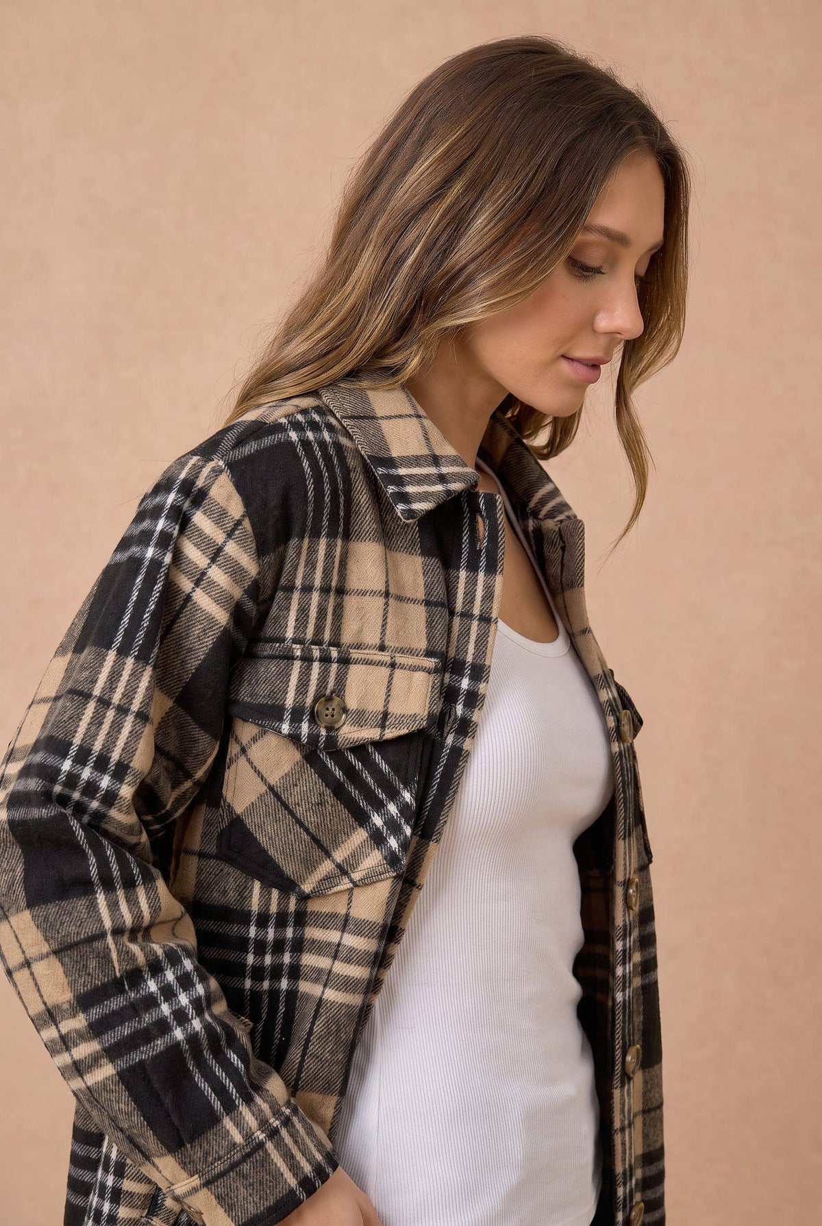 Collared Long Sleeve Plaid Button Up Jacket