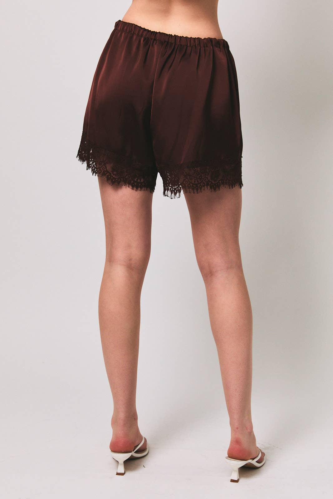 Lace Trim Satin Elastic Waist Mid Rise Shorts