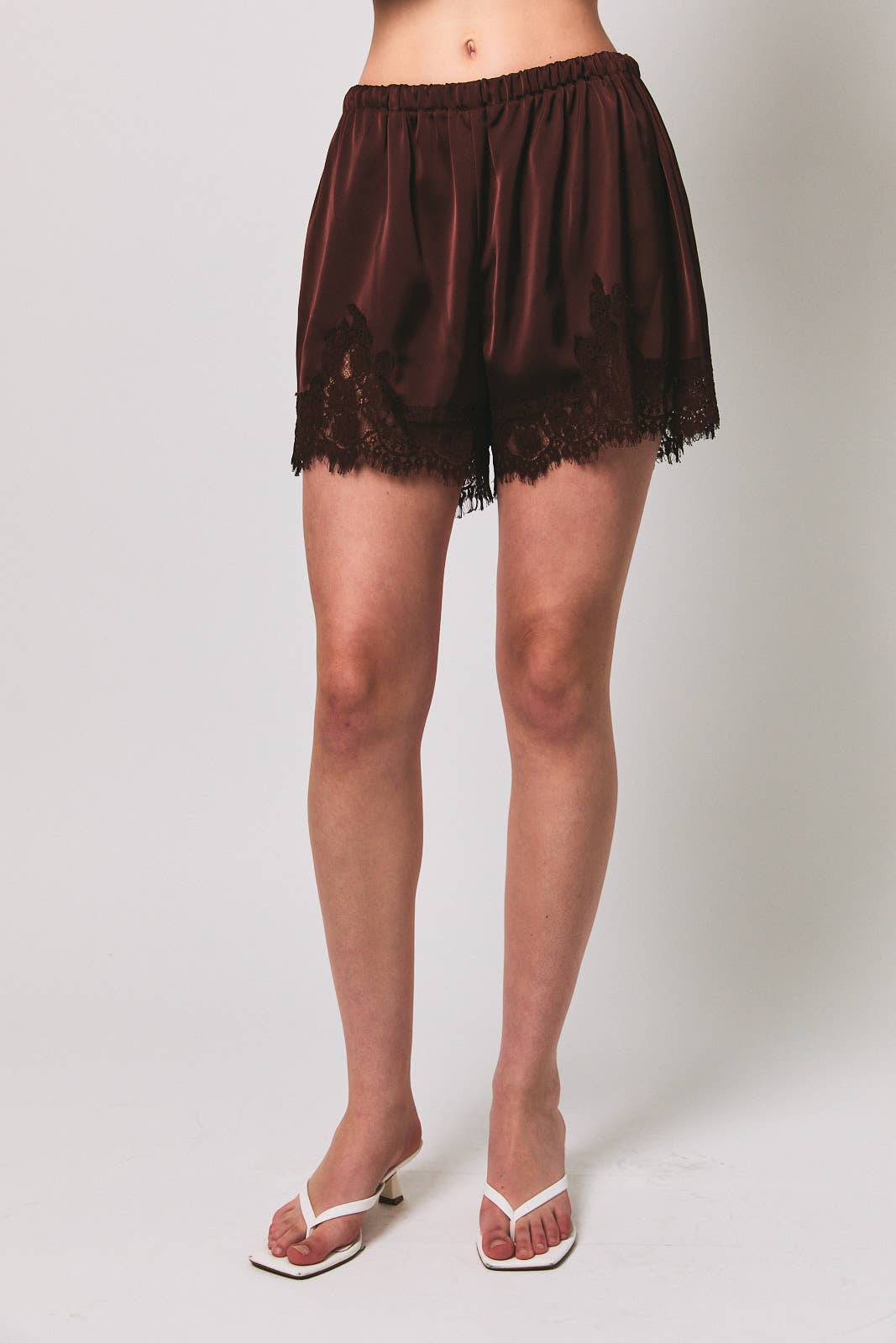 Lace Trim Satin Elastic Waist Mid Rise Shorts