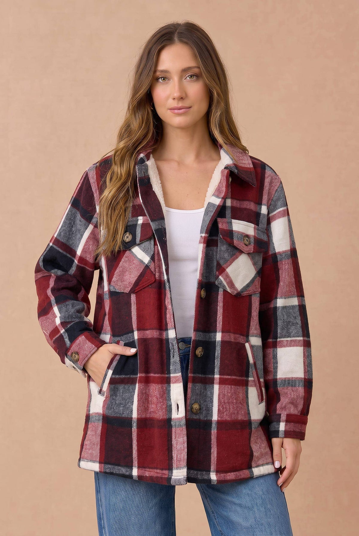 Collared Long Sleeve Plaid Button Up Jacket