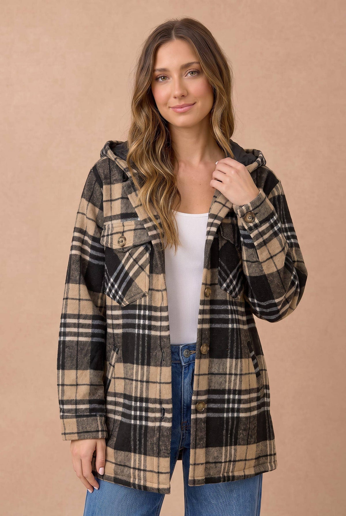 Long Sleeve Plaid Button Up Hooded Jacket