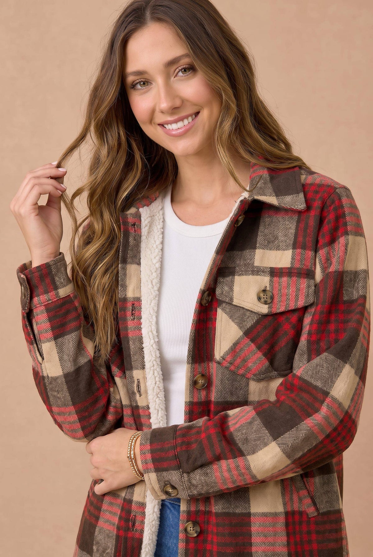 Collared Long Sleeve Plaid Button Up Jacket