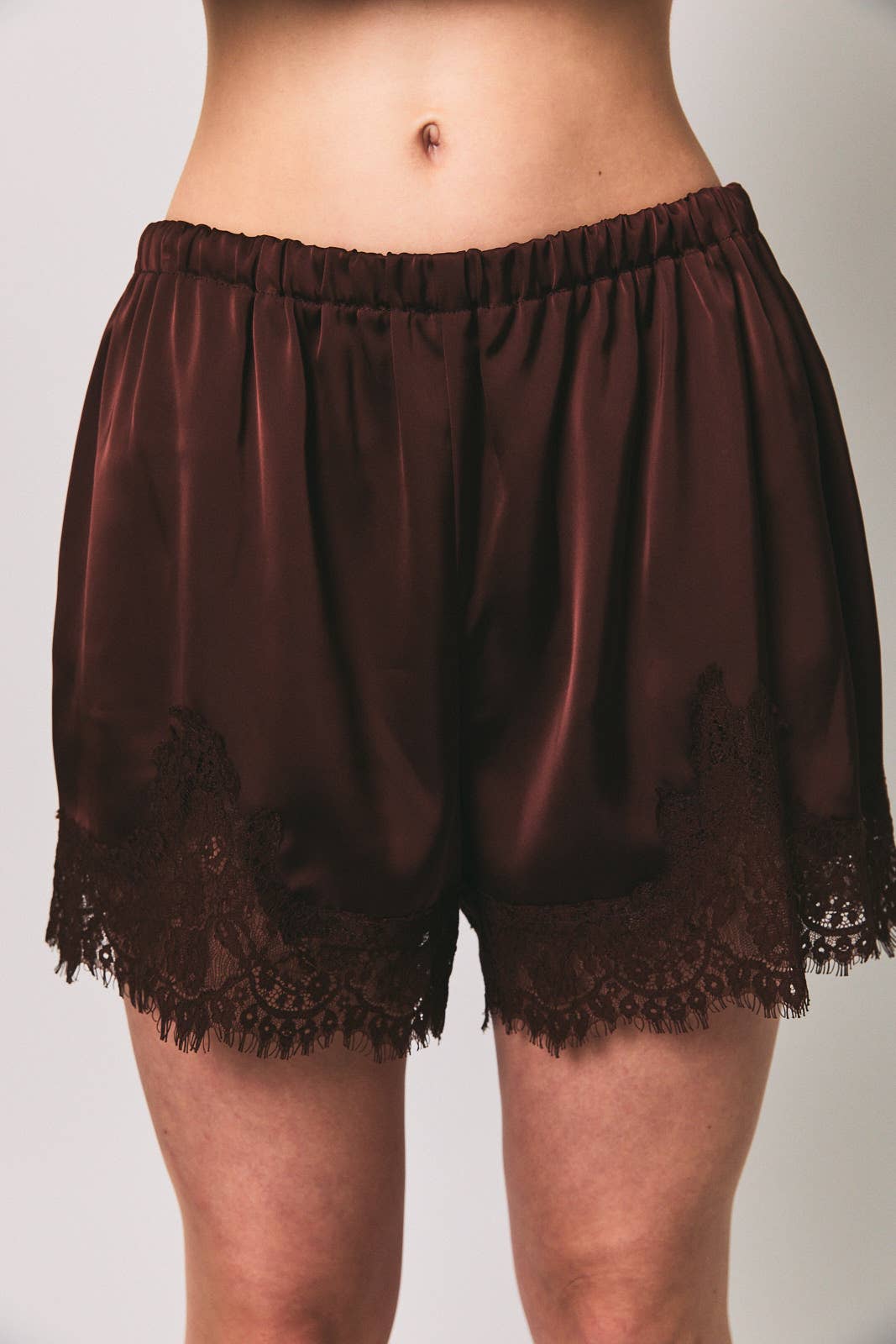 Lace Trim Satin Elastic Waist Mid Rise Shorts
